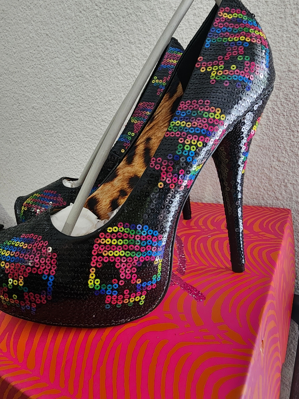 Iron Fist Black Sequin Platform Pumps with Rainbow Skull Detail - Picture 2 of 6